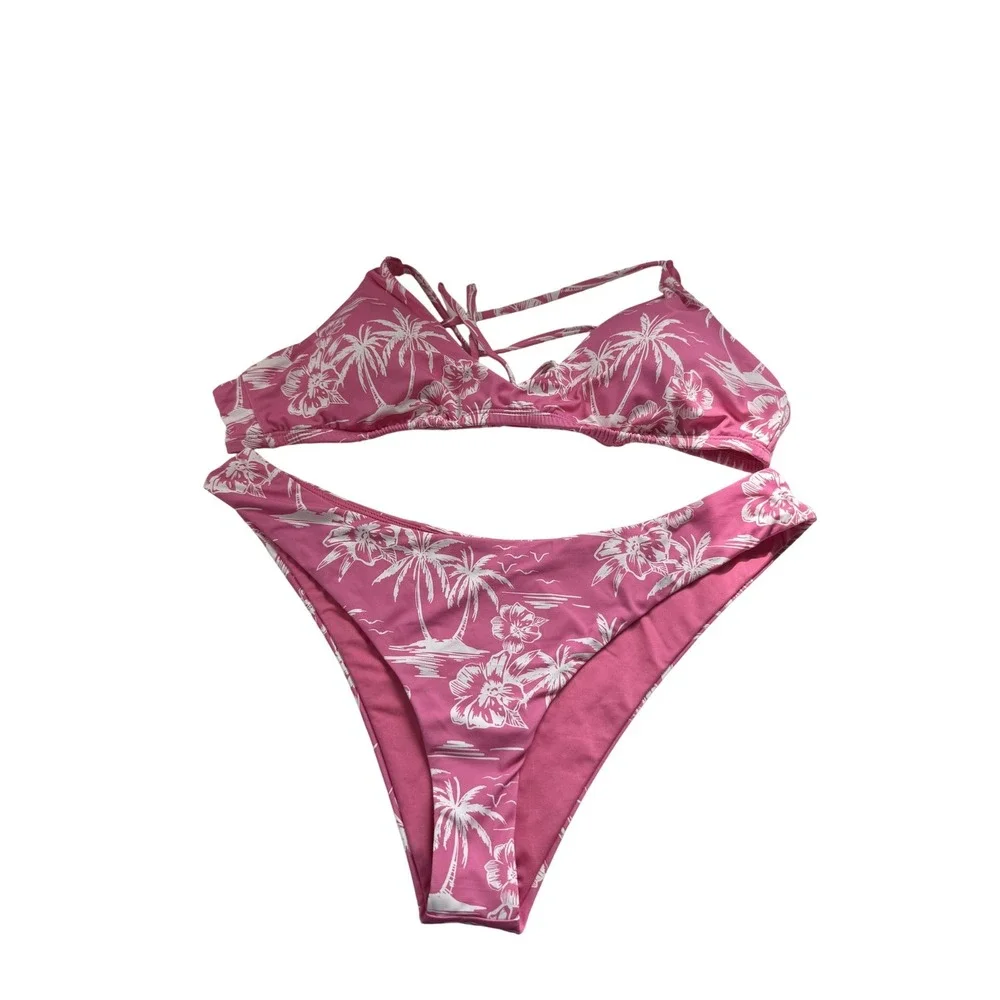 Roxy Athletic Tri Scoop Cheeky Bikini Set Pink‎ Tropical Palm XL 434008210 BDQ